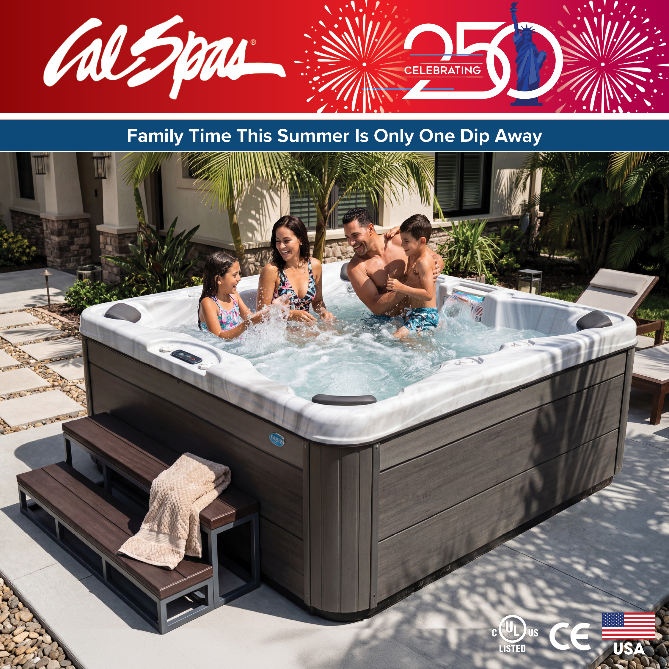 Calspas hot tub being used in a family setting - San Diego